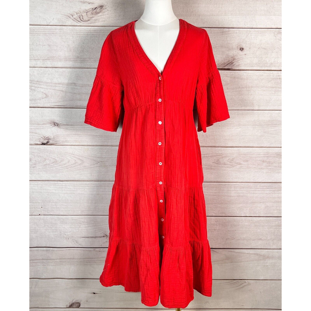 Xirena Kendall Womens A-Line Dress Sz XS Red Midi Tiered Short Sleeve Seersucker